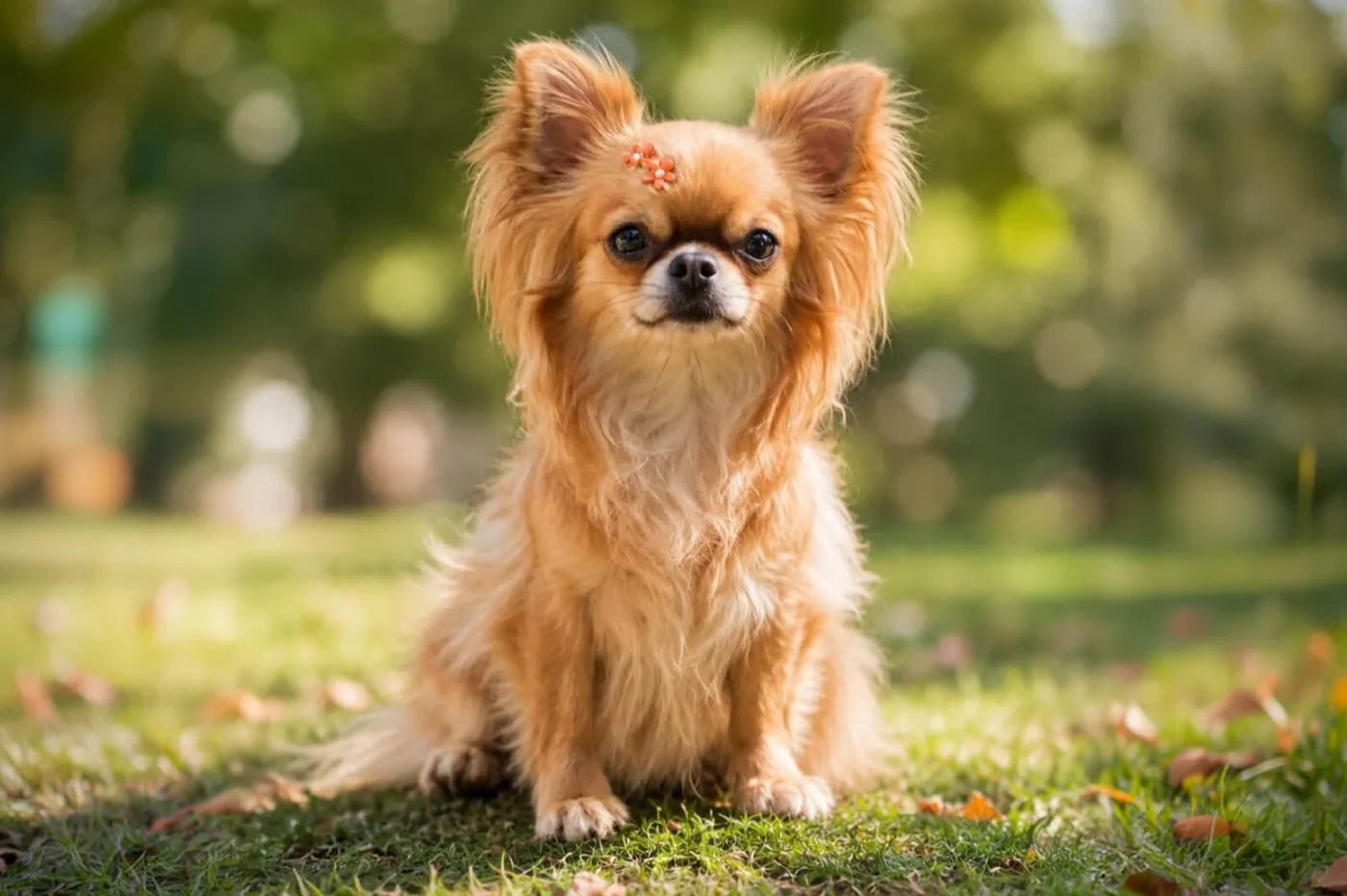 Chihuahua de pelo longo sentado no jardim