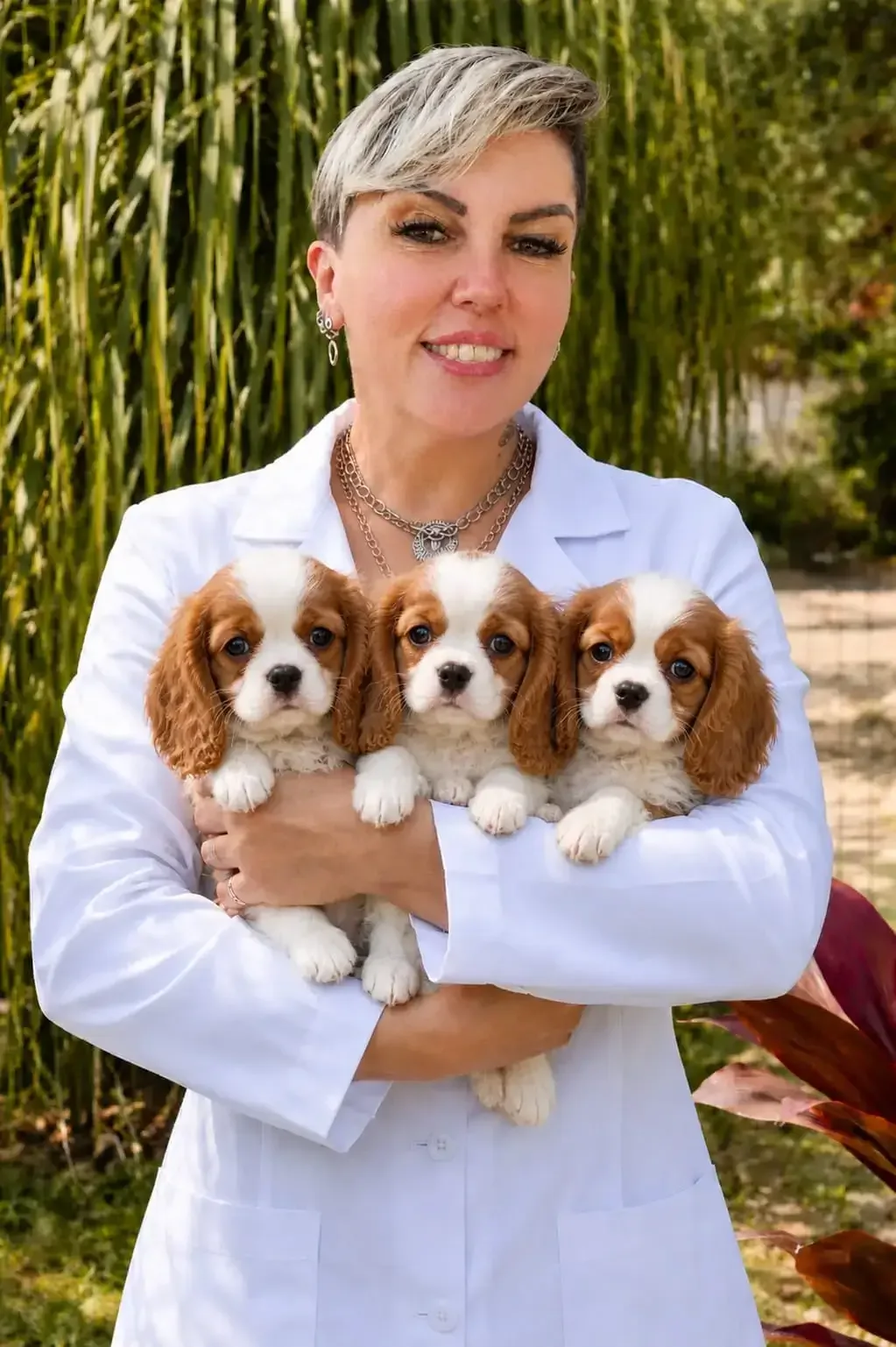 Christiane Ulmo, médica veterinária e criadora, com três filhotes de Cavalier King Charles Spaniel no colo