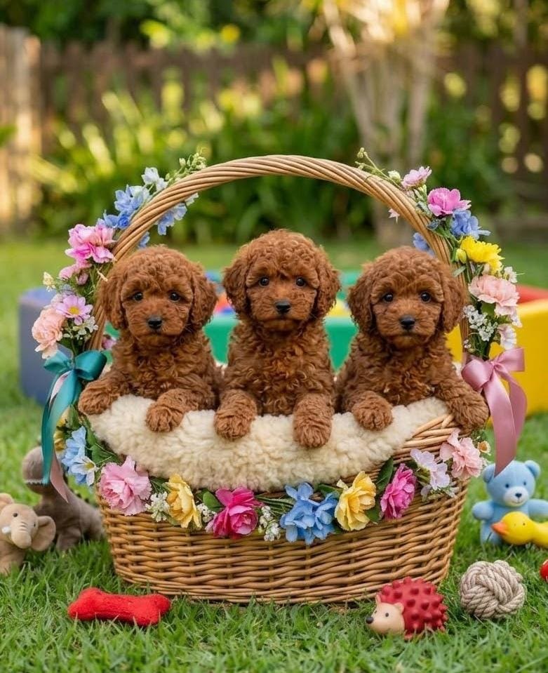 Três filhotes de Poodle Toy em uma cesta de flores no jardim