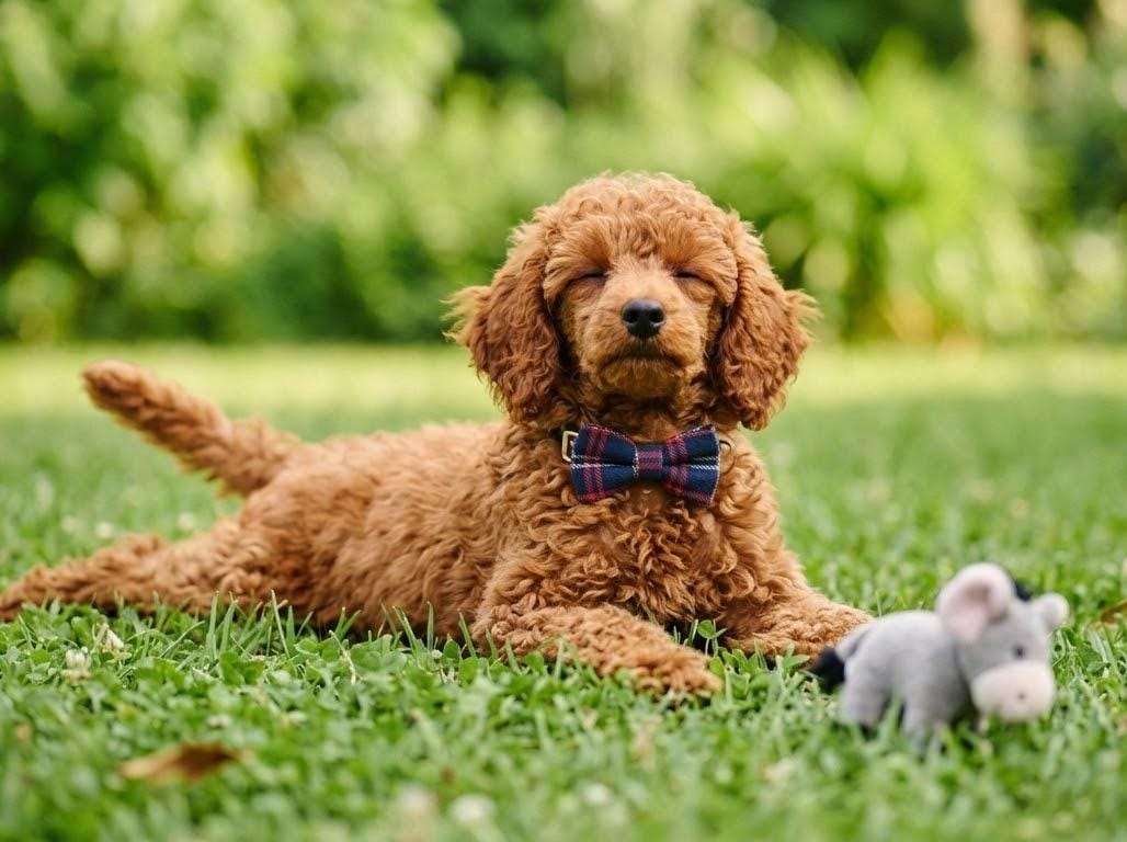 Poodle Toy filhote deitado na grama com gravata xadrez