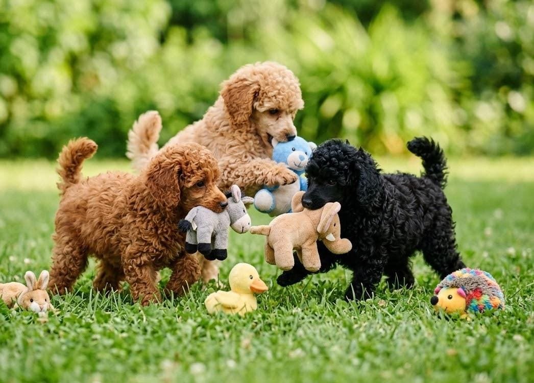 Filhotes de Poodle Toy brincando com pelúcias