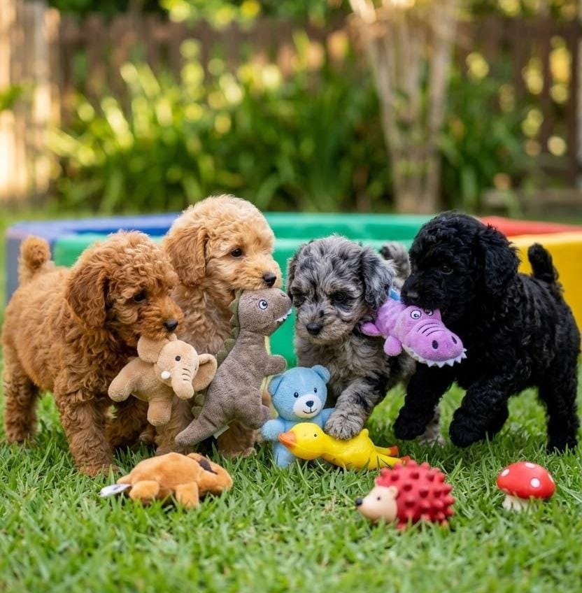 Quatro filhotes de Poodle Toy com brinquedos