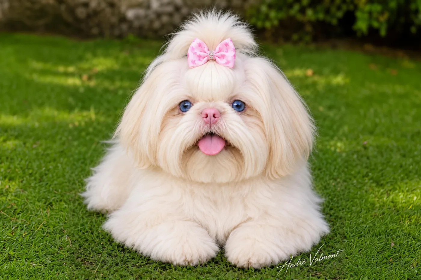 Shih-tzu creme deitado na grama